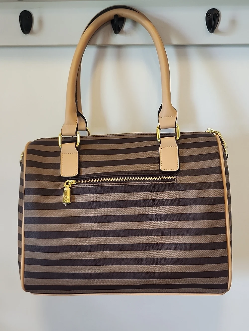 Adrienne Vittadini Brown Striped Satchel with Tan Trim - Picture 2 of 11